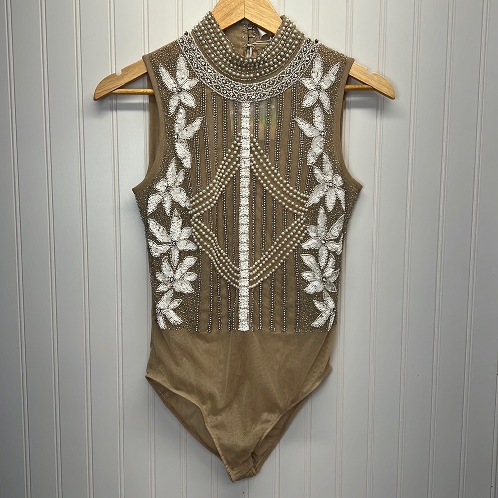 Missguided Nude Embellished Bodysuit Sz 2